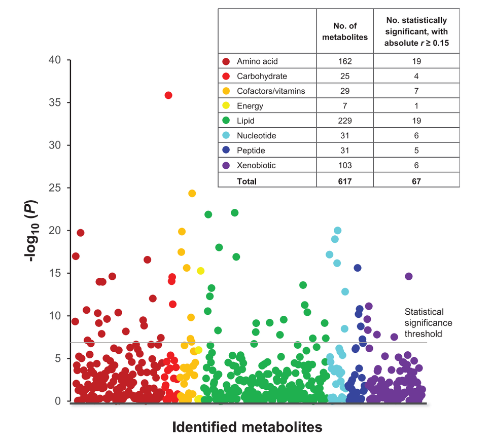 Manhattan plot with Identified metabolites on the X-axis and -log10(P) on the Y-axis indicating metabolites significantly associated with body mass index and breast cancer. Types of metabolites shown are amino acids, carbohydrates, cofactors/vitamins, energy, lipid, nucleotide, peptide, xenobiotics