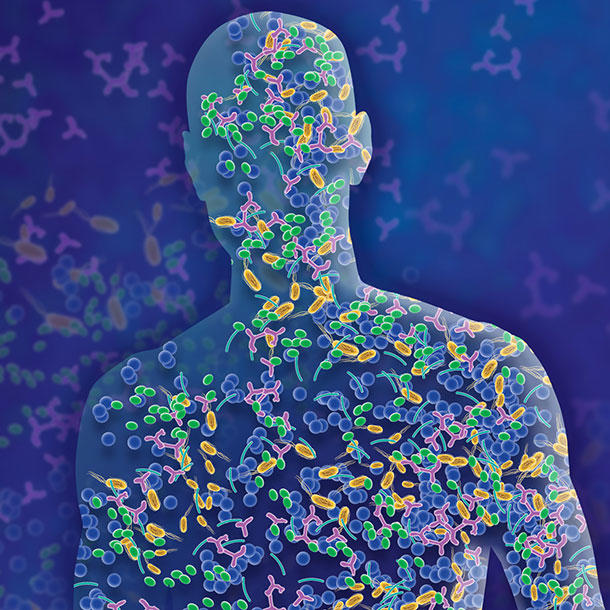 Rendering of the microbiome depicts many small microorganisms in the shape of a human form.