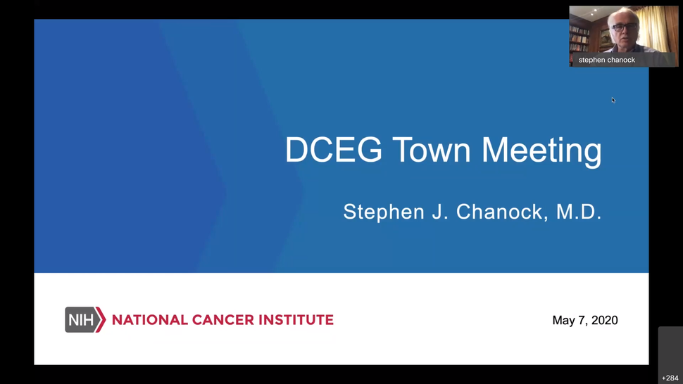 Image of the powerpoint title slide for the DCEG Town Hall on May 7, 2020.