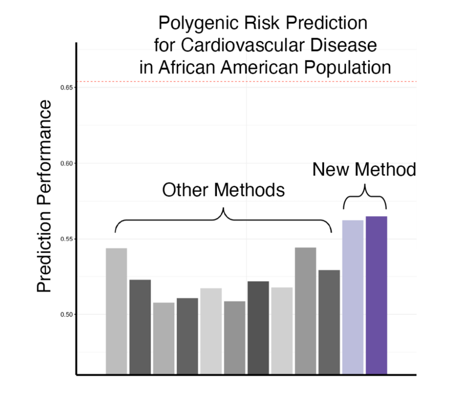 Graph showing prediction performance for different methods of polygenic risk prediction for cardiovascular disease in African American population. The new method has higher prediction performance than the other methods.. 