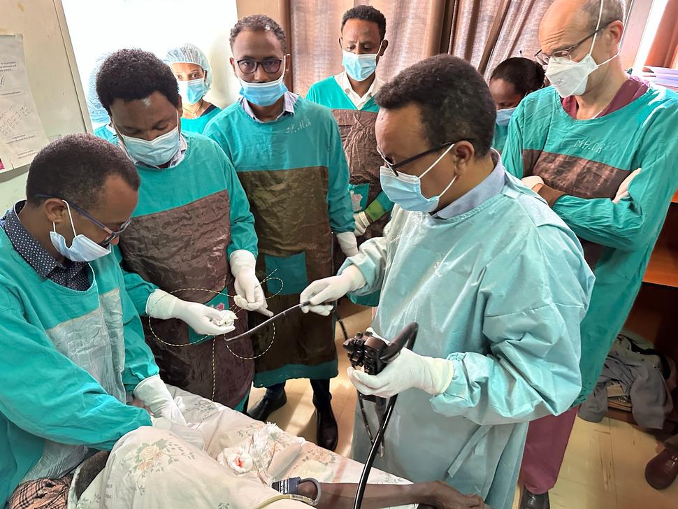 Ethiopian endoscopists learning esophageal stent placement at the workshop.