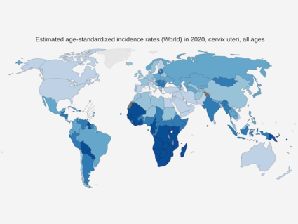 World map of estimated age-standardized incidence rates in 2020 of cervix uteri, all ages