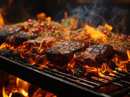 Assorted red meats on a grill, with flames come up through the grate.