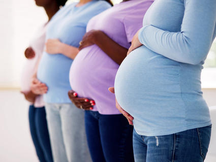 Photograph showing the profile of four pregnant bellies in a row