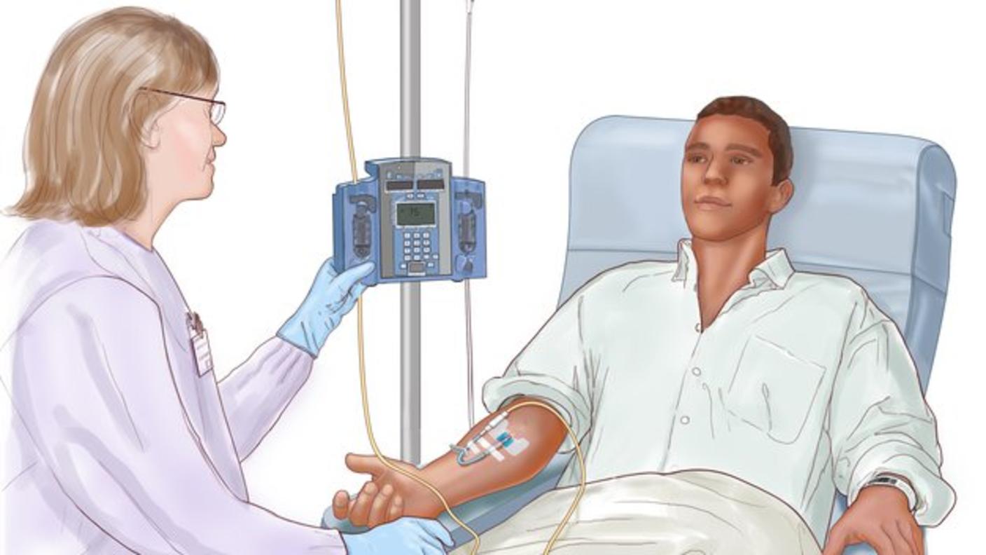 Intravenous (IV) chemotherapy. A patient is given an anti-cancer drug through a vein in the arm. The anti-cancer drug travels through the blood to kill cancer cells in the body.