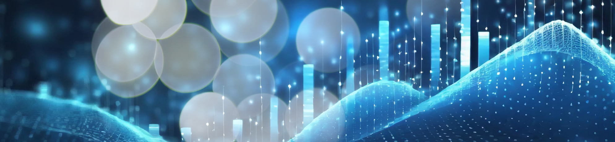 Glowing, light blue statistical trendlines and vertical bars as seen on charts and graphs are placed in front of a dark blue and burred background 