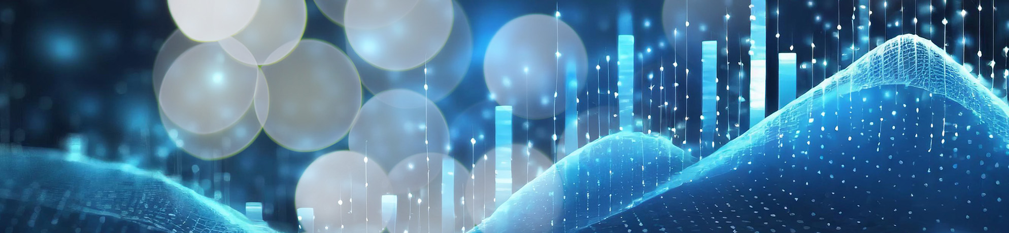 Glowing, light blue statistical trendlines and vertical bars as seen on charts and graphs are placed in front of a dark blue and burred background 