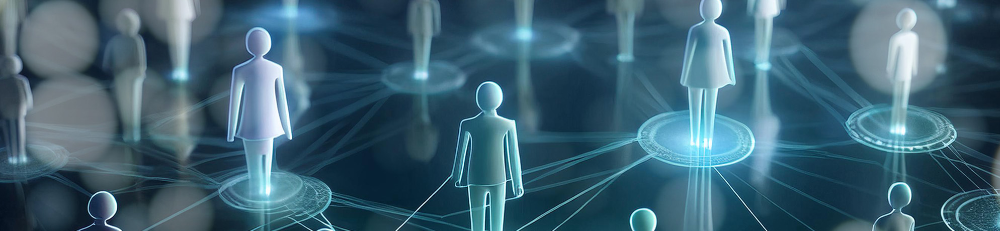 Three-dimensional and simplified female, male, and juvenile human figures connected by lines and spheres on a blue background 