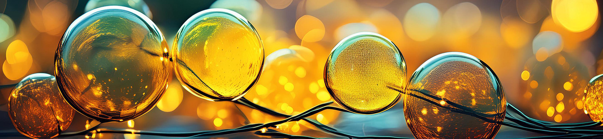 Clear spheres in the foreground appear in front of a brightly lit and blurry background; depicting metabolism and metabolomics