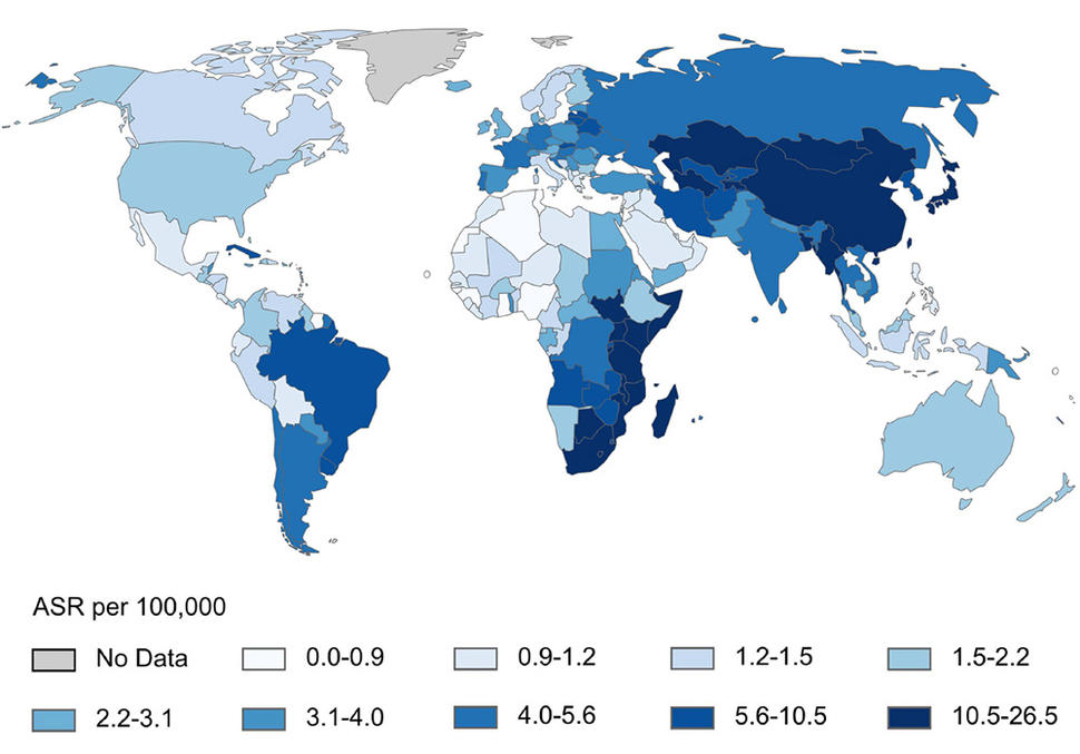 A world map identifying incidence of esophageal squamous cell carcinoma (age standardized rates, per 100,000) for males. The chart uses blue for number values: lighter colors represent a lower rate while darker colors represent higher rates. The highest rates are found in Asia, parts of southeast Africa and southeast South America.