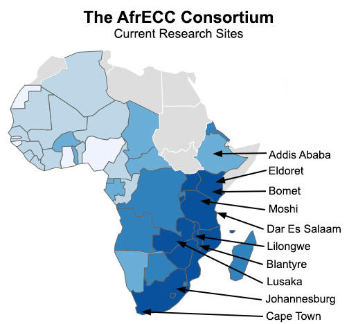 A map of Africa titled “The AfrECC Consortium: Current Research Sites.” The countries on the left are a light blue, and become darker blue as we move from the right and bottom of the map of Africa. A list of cities which house collaborating centers on the east coast of Africa are labeled.