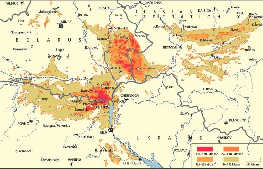 A map showing radioactive contamination levels in areas of Belarus, Russia, and Ukraine following the Chernobyl disaster.