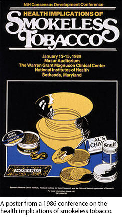 A conference booklet cover with the headline “Health Implications of Smokeless Tobacco”. Below the headline is date and location text, and at the bottom of the cover is an illustration showing different kinds of smokeless tobacco with a large spittoon in the center.