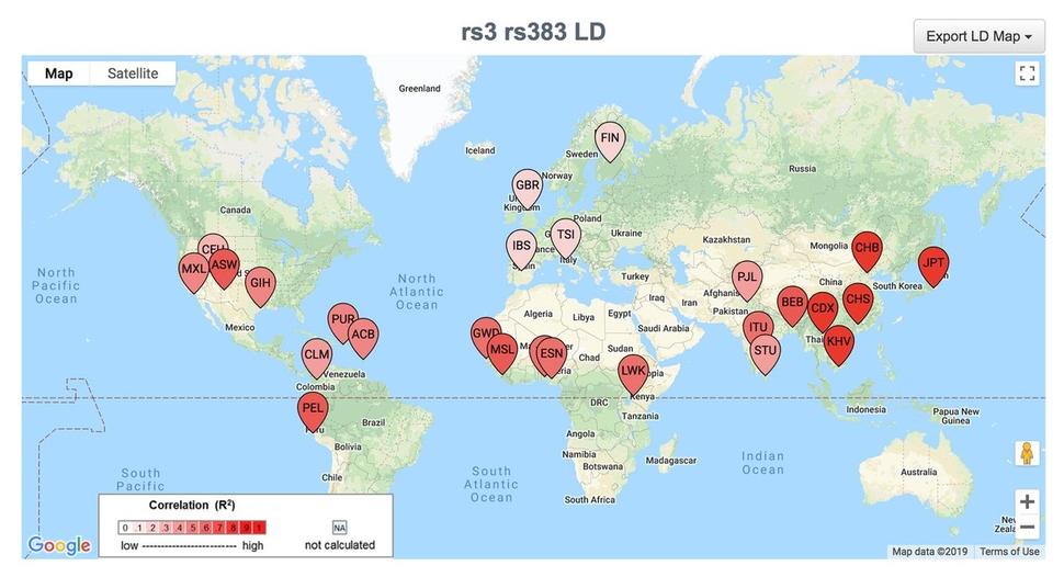 Pins scattered across a map of the world indicating a population's linkage disequilibrium between variant rs3 and variant rs383.