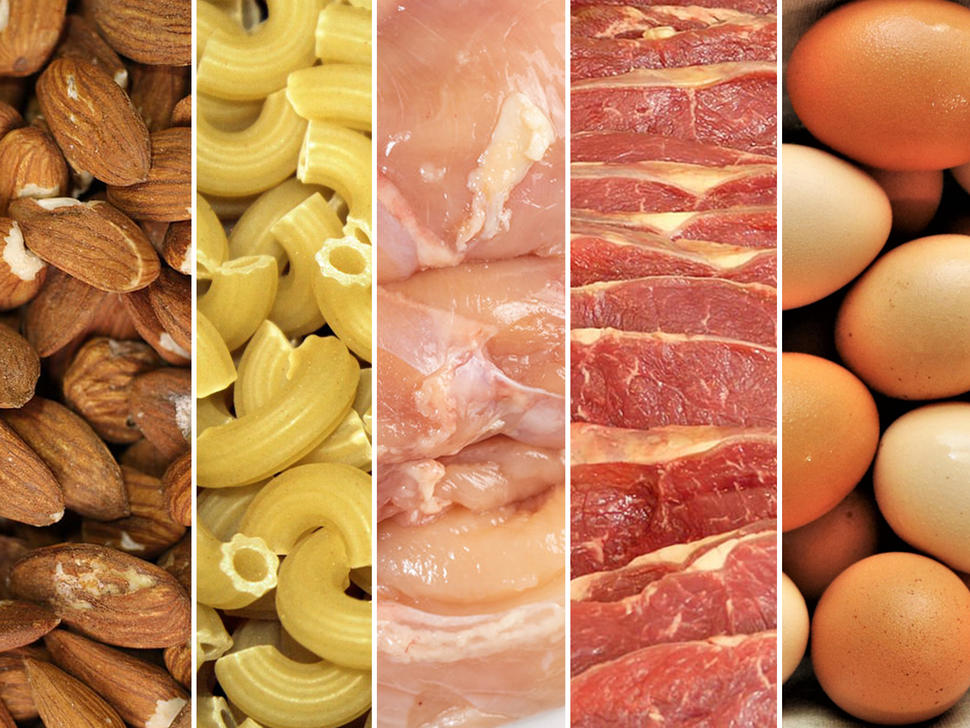 Image of 5 different panels of protein sources: almonds, pasta, chicken, pork, and eggs