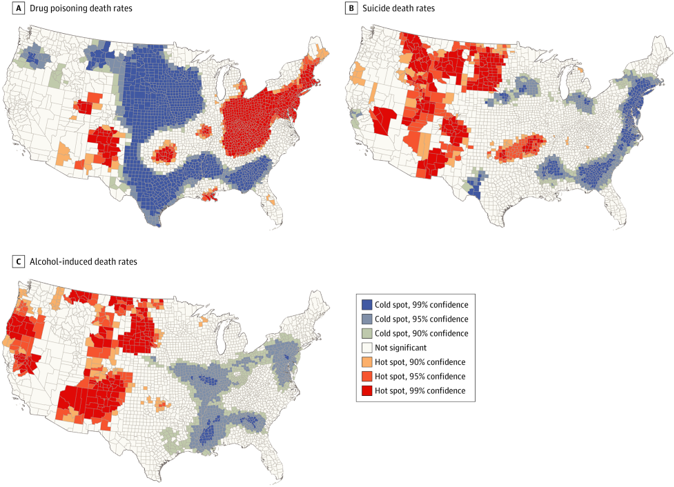 Three maps of the U.S. depicting hot spot analysis of U.S. counties with high (hot spots) and low (cold spots) drug poisoning, suicide, and alcohol-induced death rates. Cold spots are denoted in shades of blue and grey and hot spots in shades of red and orange.