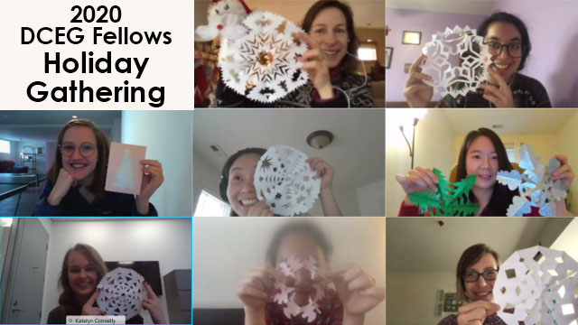 2020 DCEG Fellows Holiday Gathering: Office of Education hosts crafting activity with fellows during the holiday season. Picture displays homemade paper snowflakes.