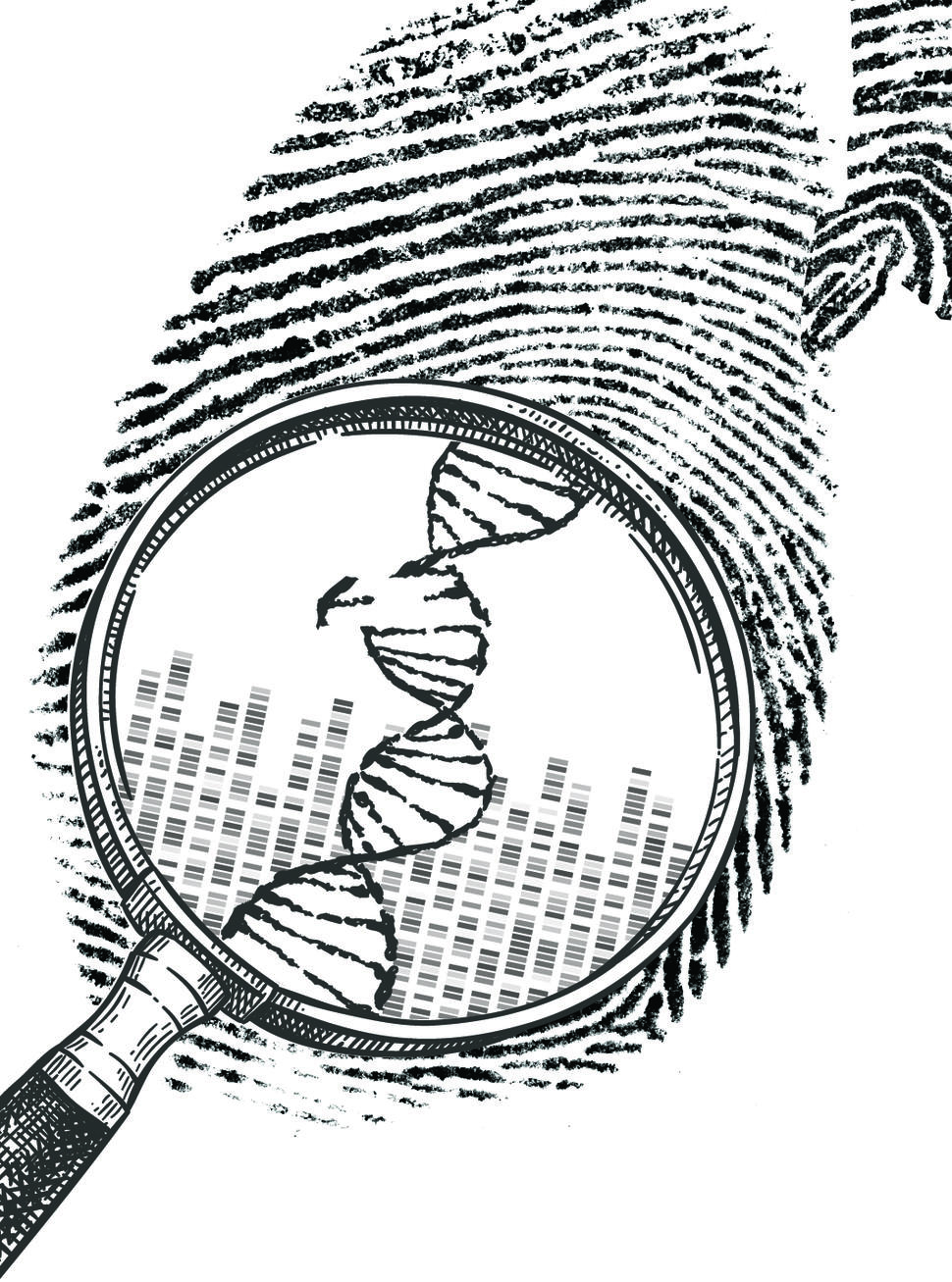 art showing a human lung with magnifying glass, which reveals DNA