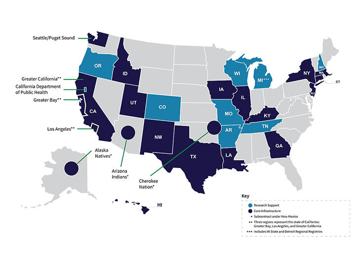 United States map of SEER cancer registries