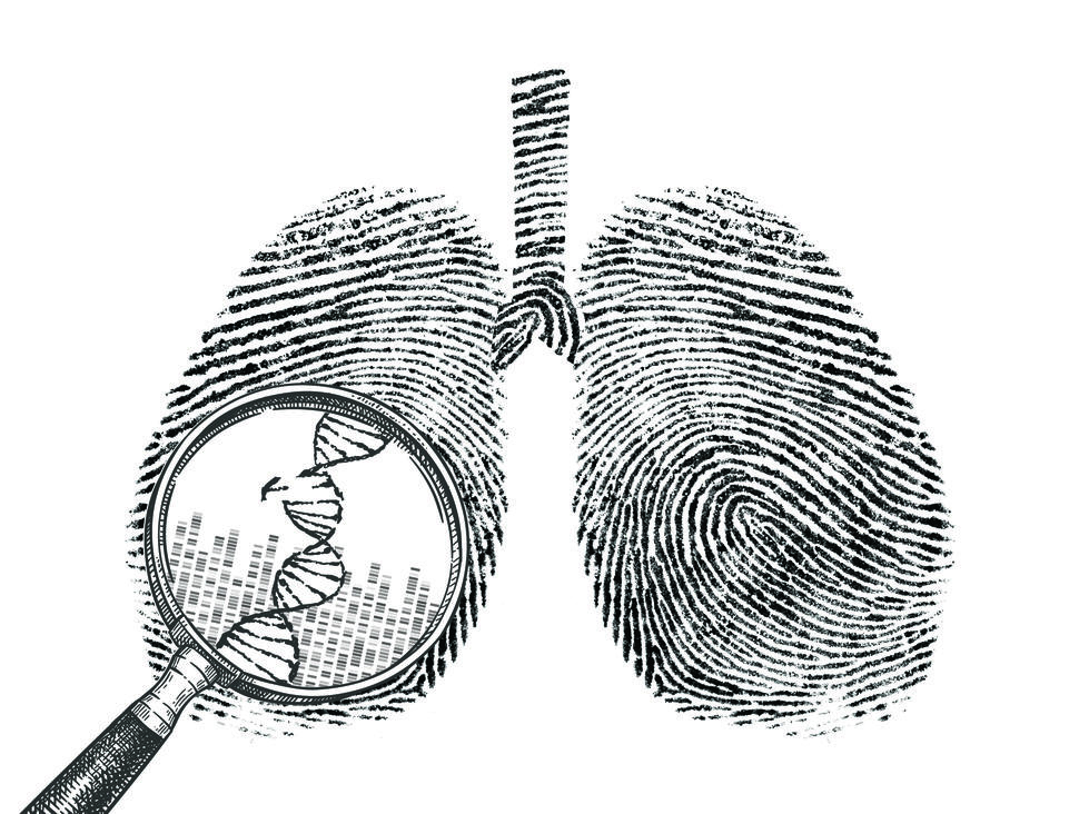 art showing a human lung made out of fingerprints with magnifying glass, which reveals DNA
