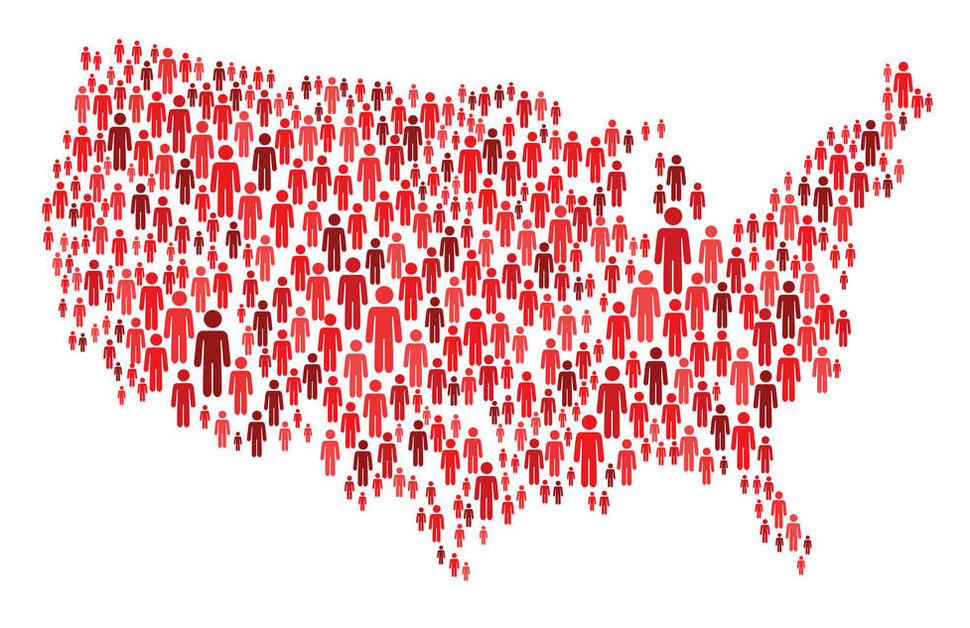 Map of the United States made up of red cartoon people in different shades and sizes