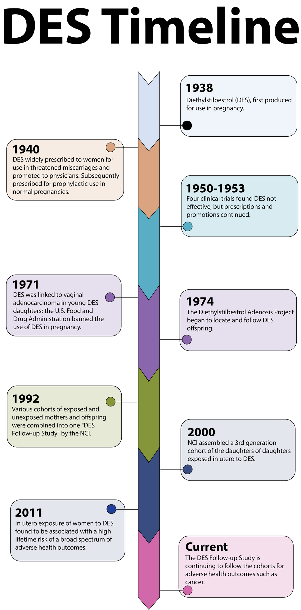 Graphic of a timeline titled “DES Timeline”