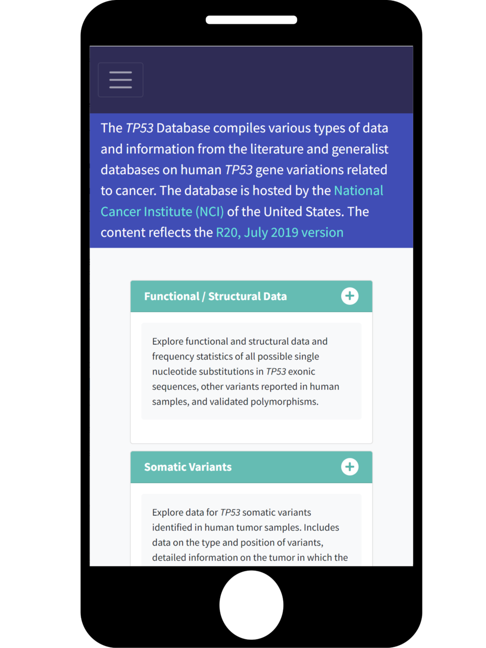 Mobile view of the TP53 website