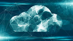 An abstract cloud in white and teal on a dark teal background. 