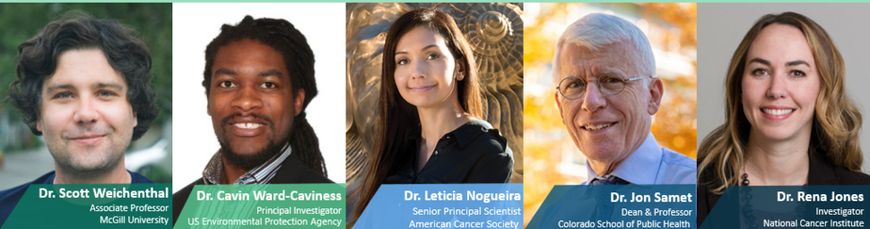 Photos of 2022 Fellows symposium panelists: Dr. Scott Weichenthal, Associate Professor of McGill University, Dr. Cavin Ward-Caviness, Principal Investigator at the U.S. Environmental Protection Agency, Dr. Leticia Nogueira, Senior Principal Scientist at the American Cancer Society and former DCEG fellow, and Dr. Jon Samet, Dean and Professor in the Colorado School of Public Health.