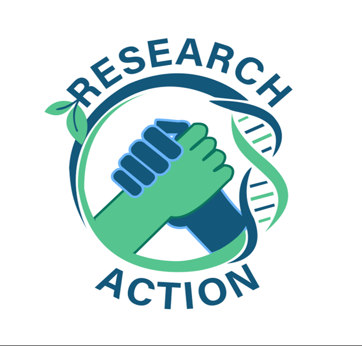 Fellows symposium logo of 2 hands clasping with a DNA strand surrounding it with the words Research Action  