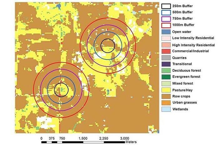 A GIS land usage map displays an agricultural area with two residences whose locations are indicated by concentric circles representing buffer zones of increasing size. 