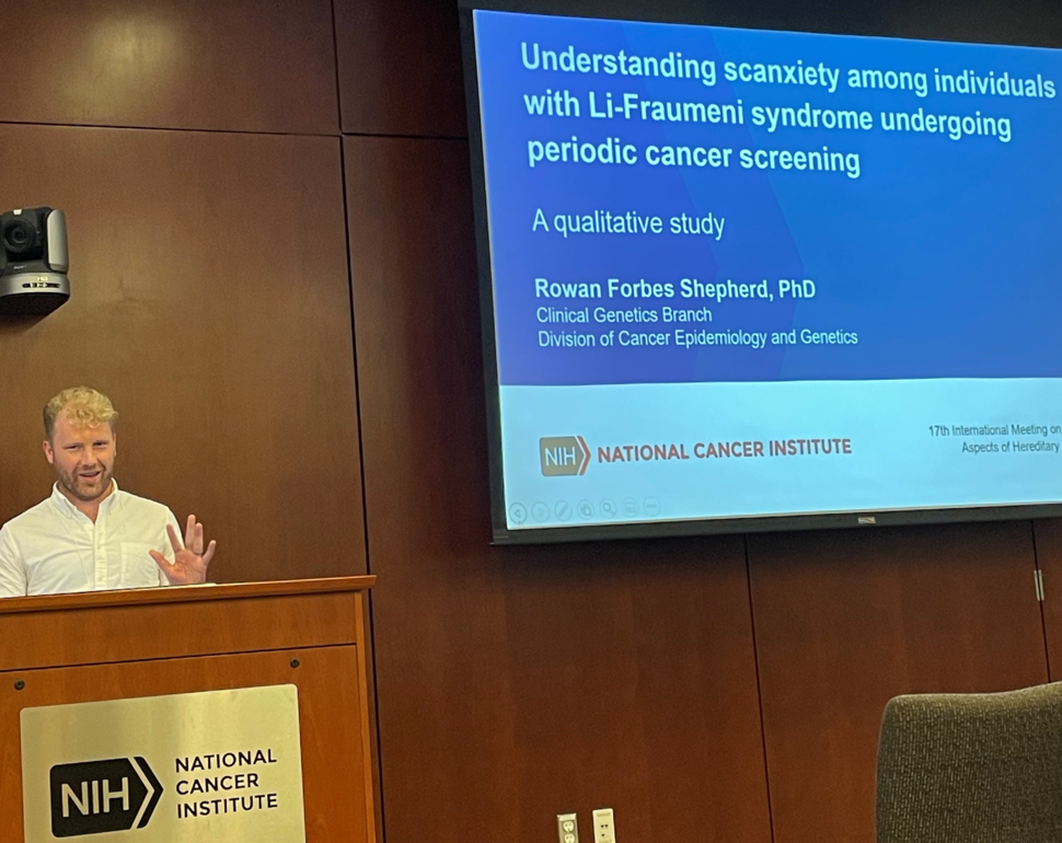 Rowan Forbes Shepherd presents his talk, "Understanding scanxiety among individuals with Li-Fraumeni syndrome undergoing periodic cancer screening: A qualitative study."