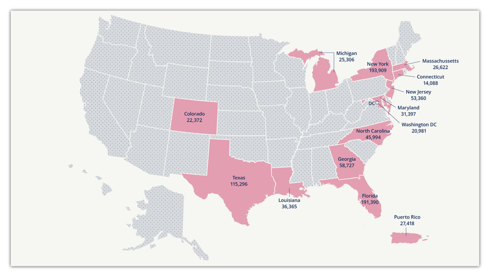 Map of the regions and the numbers of people with HIV that participate in the HIV/AIDS Cancer Match Study.