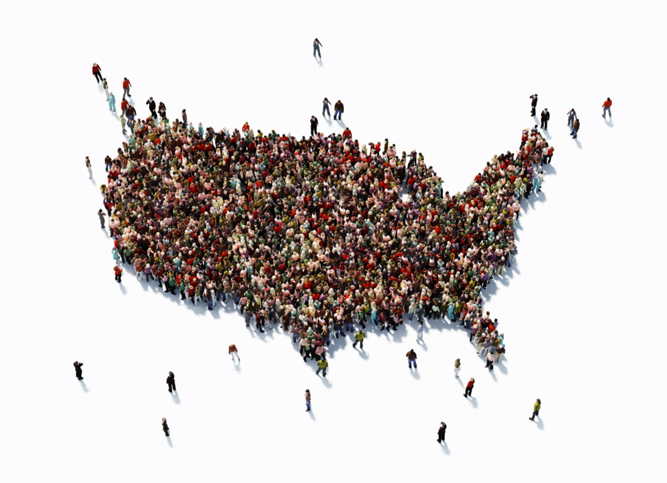 Map of the contiguous United States made up of tiny cartoon people.
