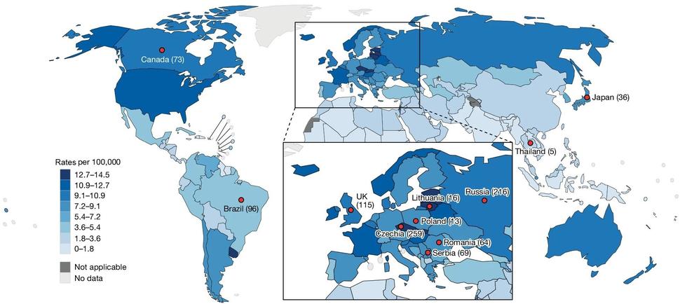 A map of the world showing rates of kidney cancer by country. The highest rates are in Lithuania, Czechia, and Uruguay.