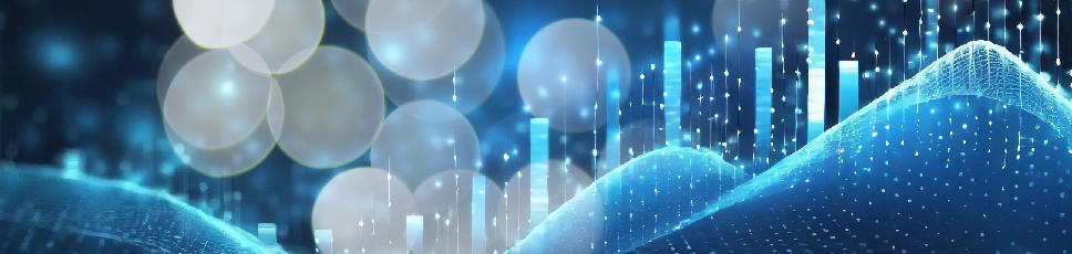 Glowing, light blue statistical trendlines and vertical bars as seen on charts and graphs are placed in front of a dark blue and burred background