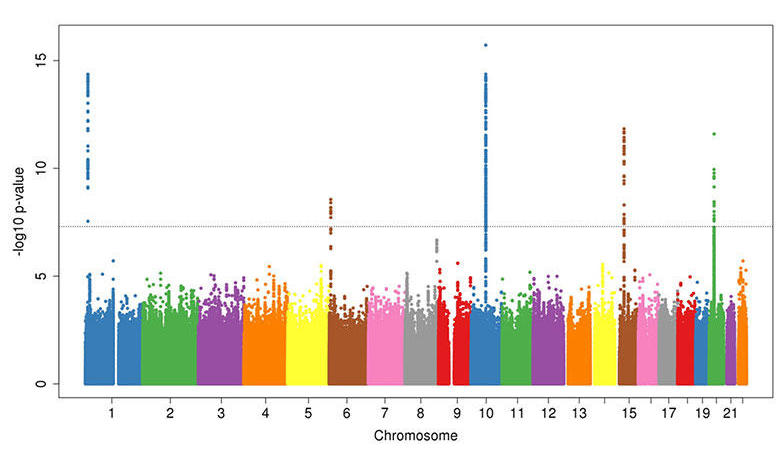 manhattan plot showing data from GWAS of Ewing Sarcoma