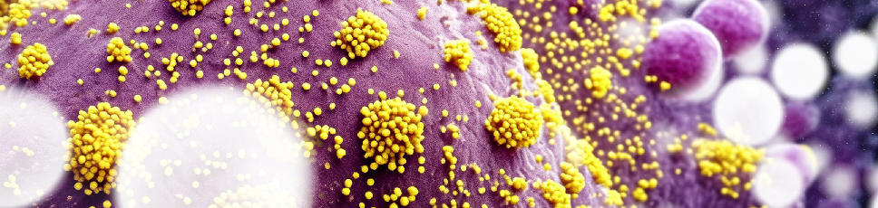 Single, large, smooth, purple cell structure with yellow, clustered viruses attached 