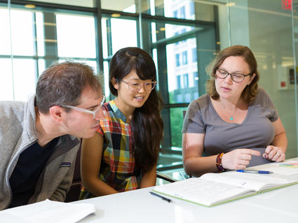 Two mentors and a trainee discussing data