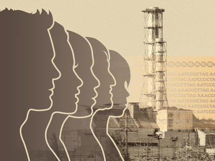Silhouettes of adults and children and DNA code over a photo of the Chornobyl nuclear power plant. 