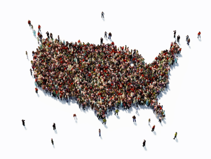 Map of the contiguous United States made up of tiny cartoon people.