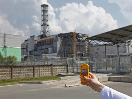 Image of the Chornobyl plant with radiation measurement tool