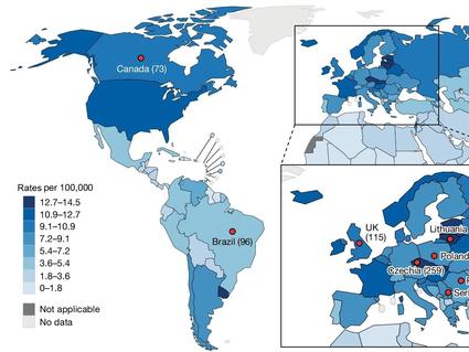 A map of the world showing rates of kidney cancer by country. The highest rates are in Lithuania, Czechia, and Uruguay.
