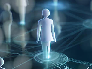 Three-dimensional and simplified female, male, and juvenile human figures connected by lines and spheres on a blue background