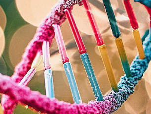 3D, blue and pink rendering of a double helix DNA strand with on a bright background