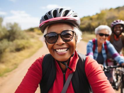 Portrait of happy senior woman in cycling helmet riding outdoors.