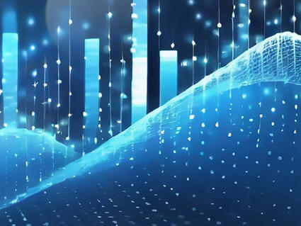 A computer generated image with peaks made of a mesh texture while bar chart bars in the background get higher and higher, while a white circular bokeh effect sits in the middle of the image. The graphic is colored in mostly medium and dark blues with black shadows and white highlights.