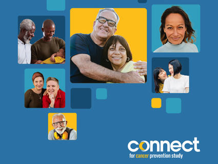 A grid of people of different ages and backgrounds contained within rounded squares colored light blue, yellow, and dark blue in a grid formation. The images include an elderly couple hugging, a grandfather smiling and looking as his son holds his grandson, and an adult woman with brown hair wearing a wet suit. In the right corner, the Connect for Cancer Prevention Study is mostly white with some yellow highlights.