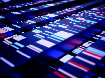 A perspective view of genetic sequences comprised of squares and lines of various widths and colors. The overall image is dark with the sequence shapes comprised of blues, pinks, and reds of various hues. 