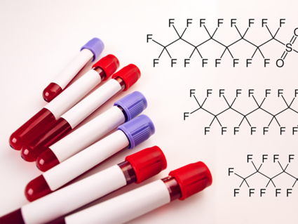A composite image which shows seven blood vials on the left with red and purple caps and blank labels on the left and three PFAS chemical bonds (PFOS, PFNA, and PFOA) on the right.